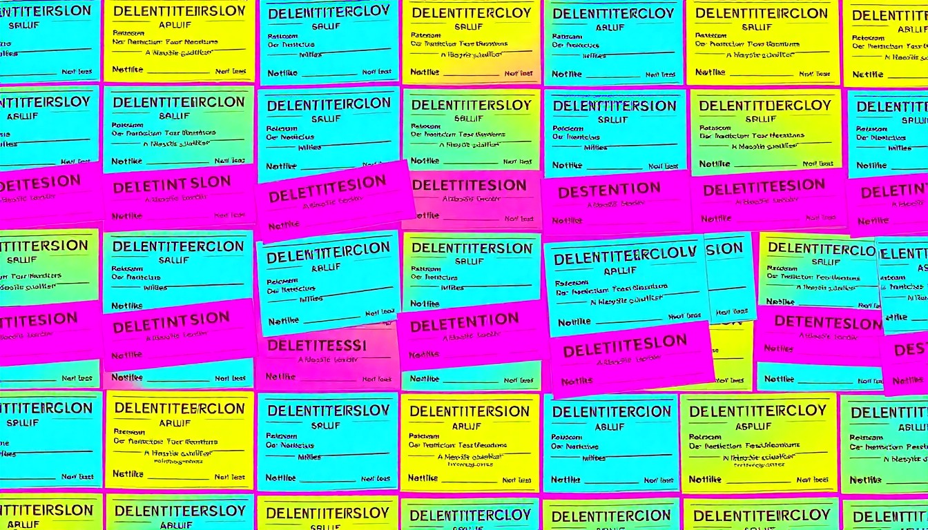 A grid of brightly colored, high-contrast silkscreen prints depicting a school detention slip, conceptually representing the systemic issues behind racial disparities in student discipline.