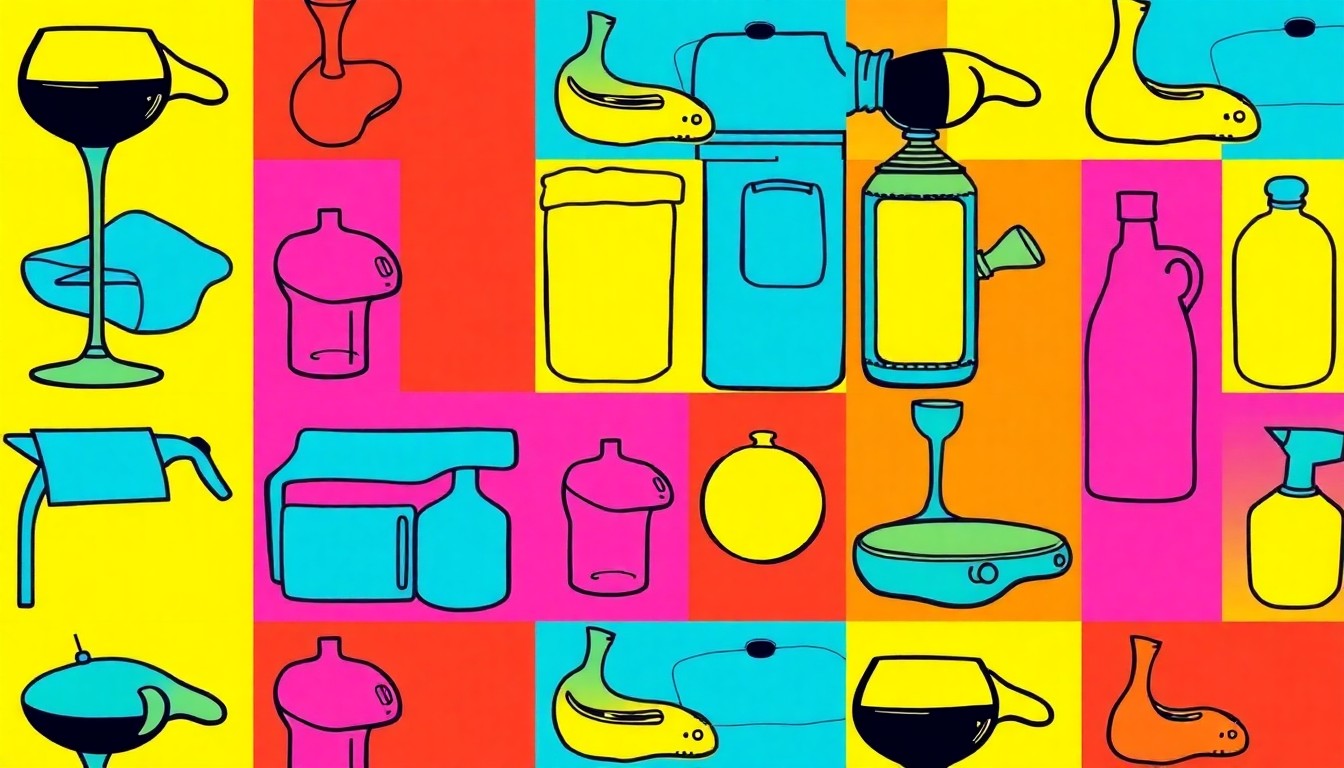 A brightly colored, high-contrast silkscreen print of a single, iconic luxury home object like a wine glass or kitchen appliance repeated in a tight grid pattern, capturing the modern and vibrant aesthetic of the new Vineyard Creek development.