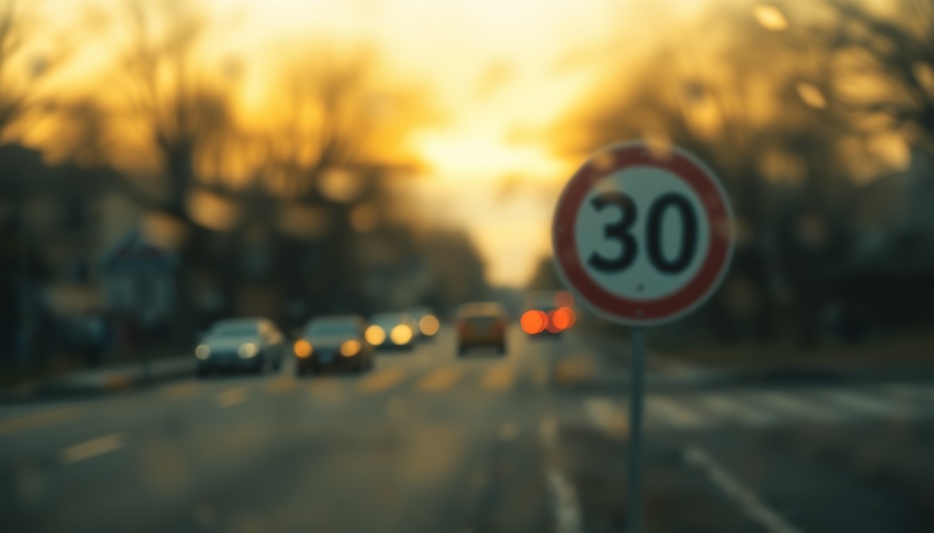 An abstract, impressionistic photograph of a blurred street scene with a speed limit sign barely visible in the background, all captured in a warm, hazy glow of soft light and color.