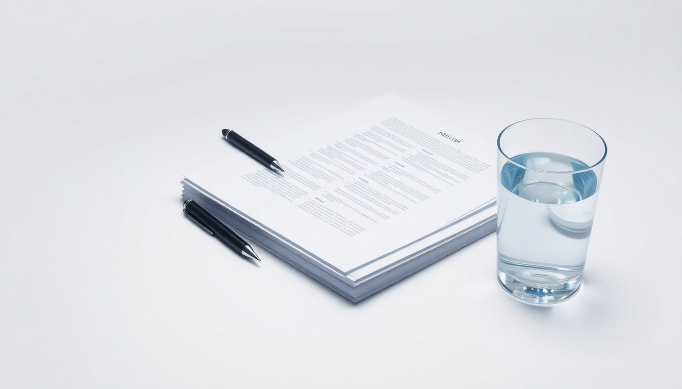 A minimalist studio still life photograph featuring a stack of business documents, a pen, and a glass of water on a clean white background, conceptually representing corporate leadership changes.