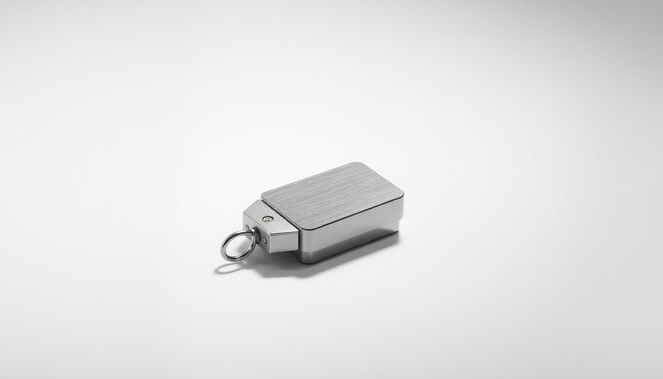 A close-up photograph of a polished metal supply chain device, such as a barcode scanner or RFID tag, arranged elegantly on a clean, monochromatic background and dramatically lit to convey the abstract concepts of logistics software and data-driven decision making.