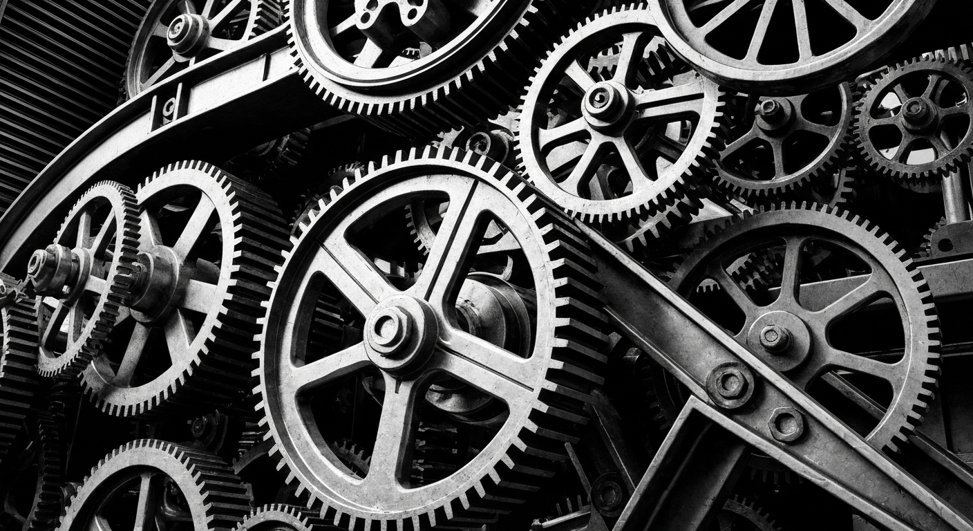 An extreme close-up of the gears, pulleys, and mechanisms of a financial institution, rendered in high-contrast black and white photography to create a sense of the industry's industrial might and complexity.