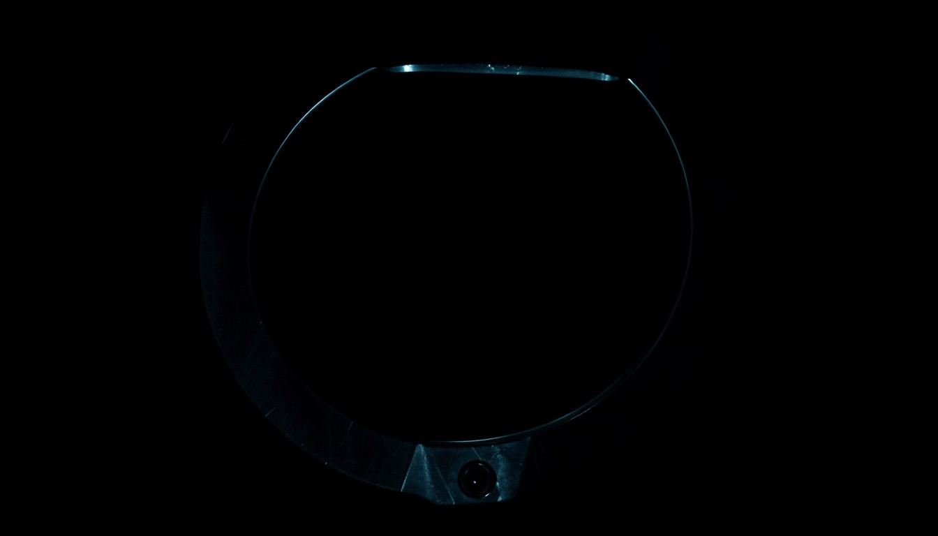 An extreme close-up photograph of a handcuff or other crime-related physical evidence object lit by a harsh, direct camera flash against a pitch-black background, creating a stark, gritty, investigative aesthetic.