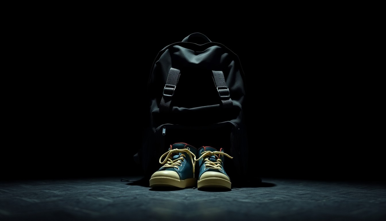 An extreme close-up photograph of a child's backpack and shoes against a pitch-black background, lit by a harsh, direct camera flash, conceptually representing the abandoned child and the gritty, investigative nature of this case.