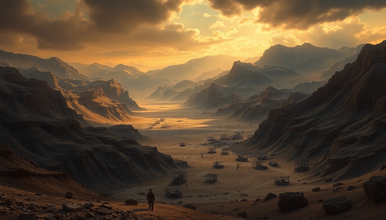 A vast, majestic landscape painting in muted earth tones, with a crumbling building and scattered debris dwarfed by the sweeping, atmospheric expanse of the Nevada desert under dramatic lighting, conveying the sublime scale and force of the natural disaster.