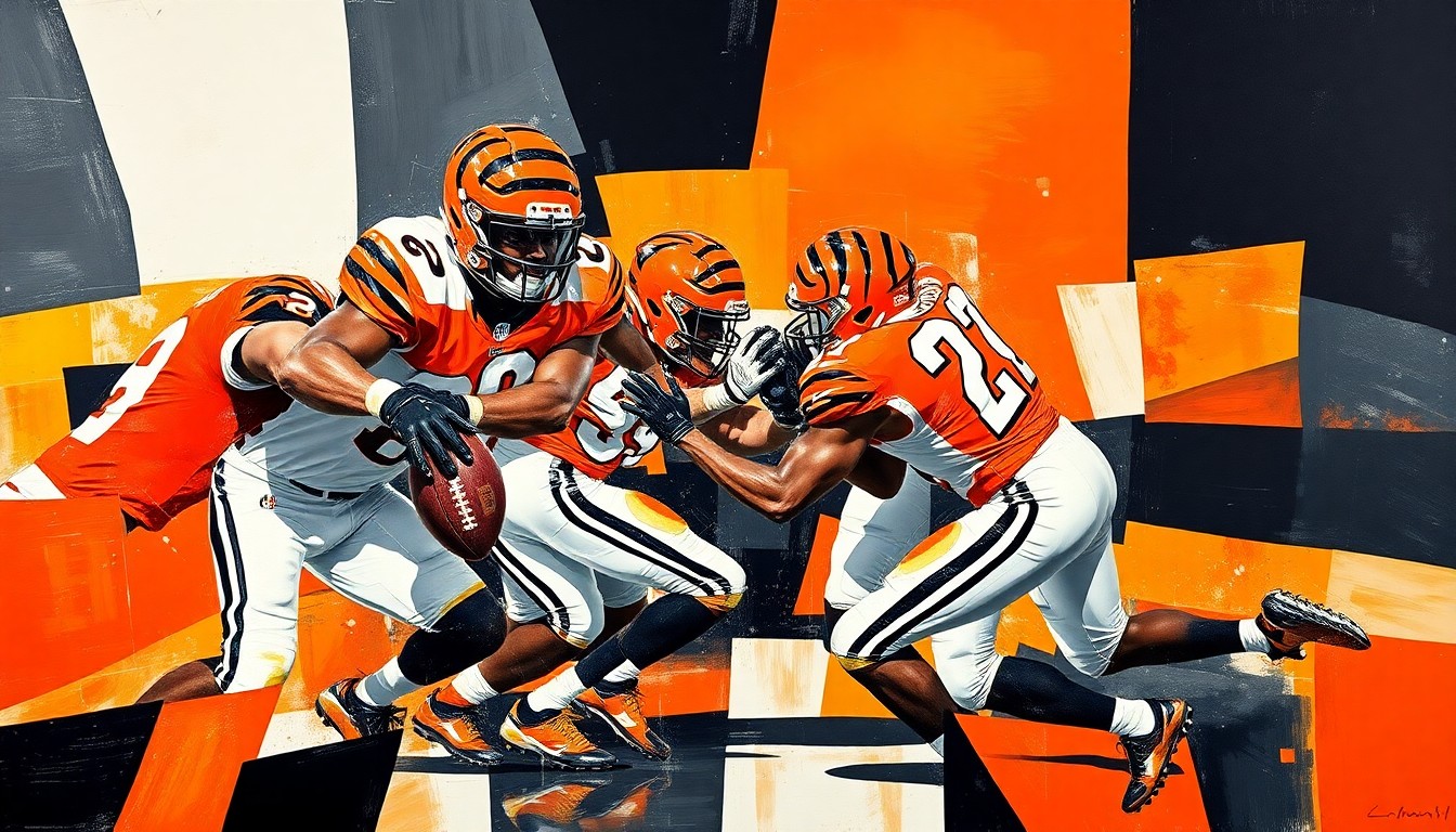 A fractured, cubist-style painting depicting a football defensive play, with the players and field rendered in sharp, overlapping geometric planes of Bengals orange, black, and white colors, capturing the dynamic competition for the nickelback role.