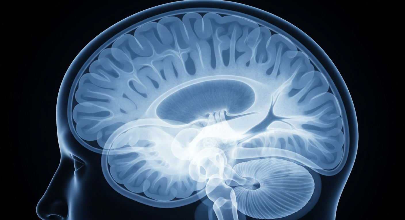 A translucent X-ray photograph showing the detailed internal structures of a human brain, conveying the complexity and importance of behavioral health through ghostly, glowing lines and shapes.
