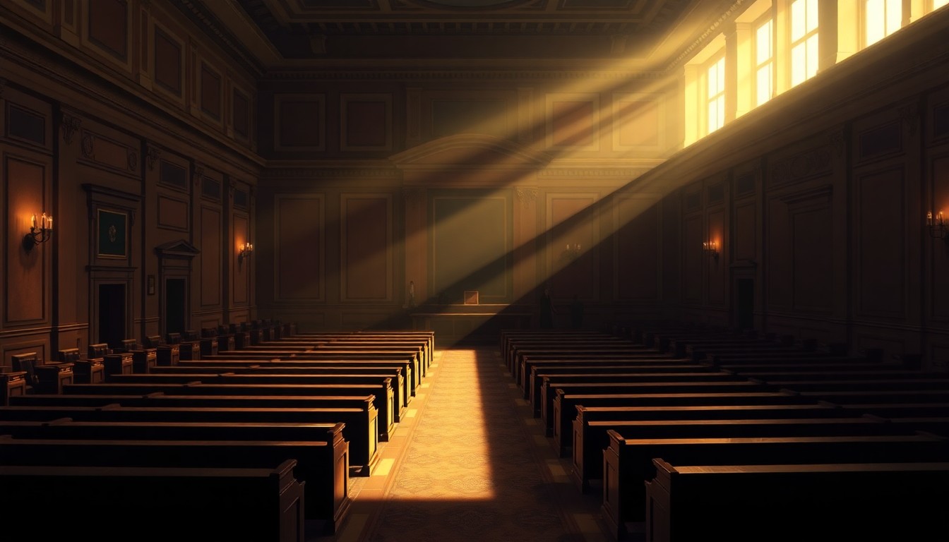 A dimly lit, cinematic painting of an empty legislative chamber with warm sunlight streaming in through the windows, creating deep shadows and a sense of solemnity and anticipation.