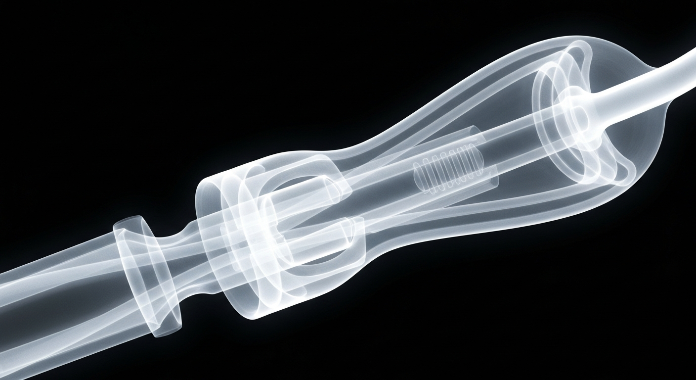 An extreme close-up of the internal structure of a neurovascular catheter, rendered in a translucent X-ray style that highlights the device's advanced design and features without any text or identifiable elements.