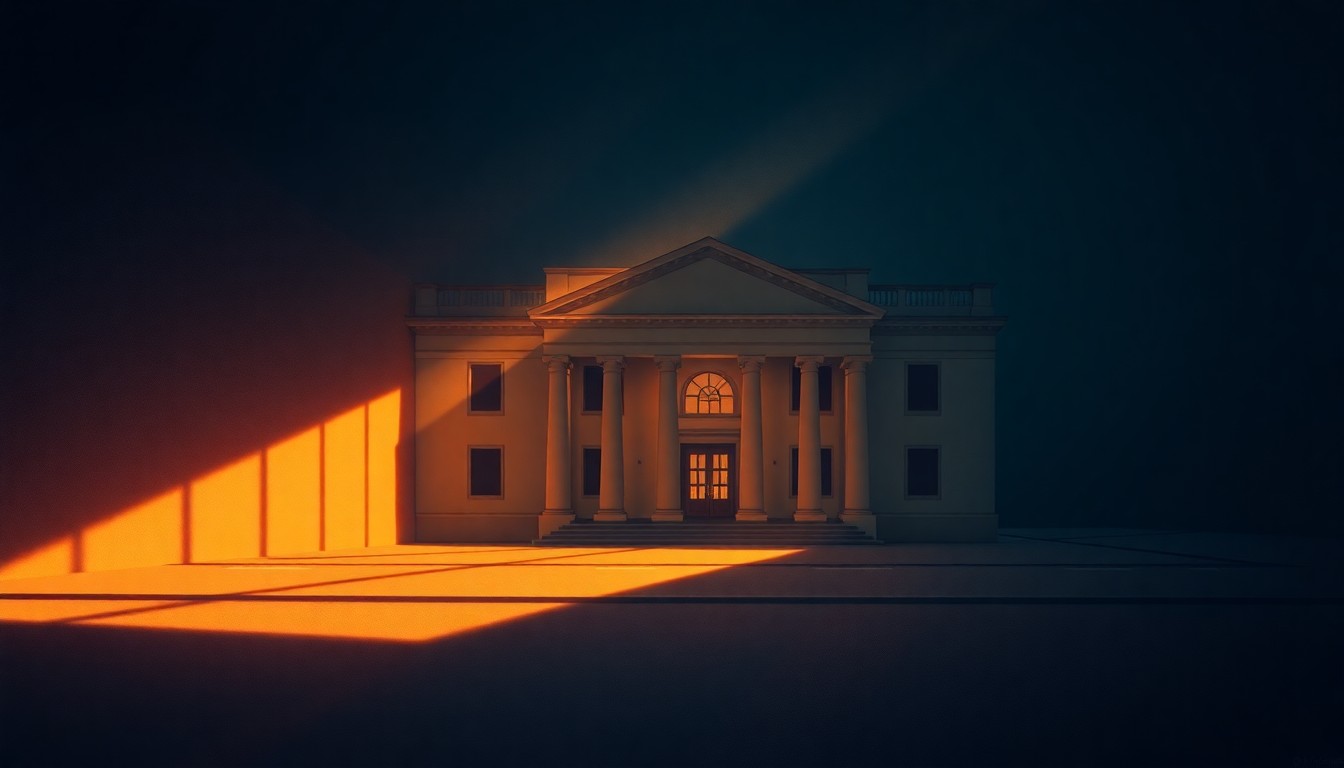 A serene, photorealistic painting of a government building in a coastal city, with warm sunlight casting long shadows across the facade and empty sidewalks in the foreground, conveying a sense of transition and change in the political leadership.