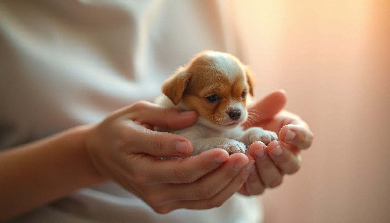 An extremely abstracted, out-of-focus photograph of a person's hands gently holding a small animal, with the scene bathed in warm, diffused light, conveying a sense of care and community.