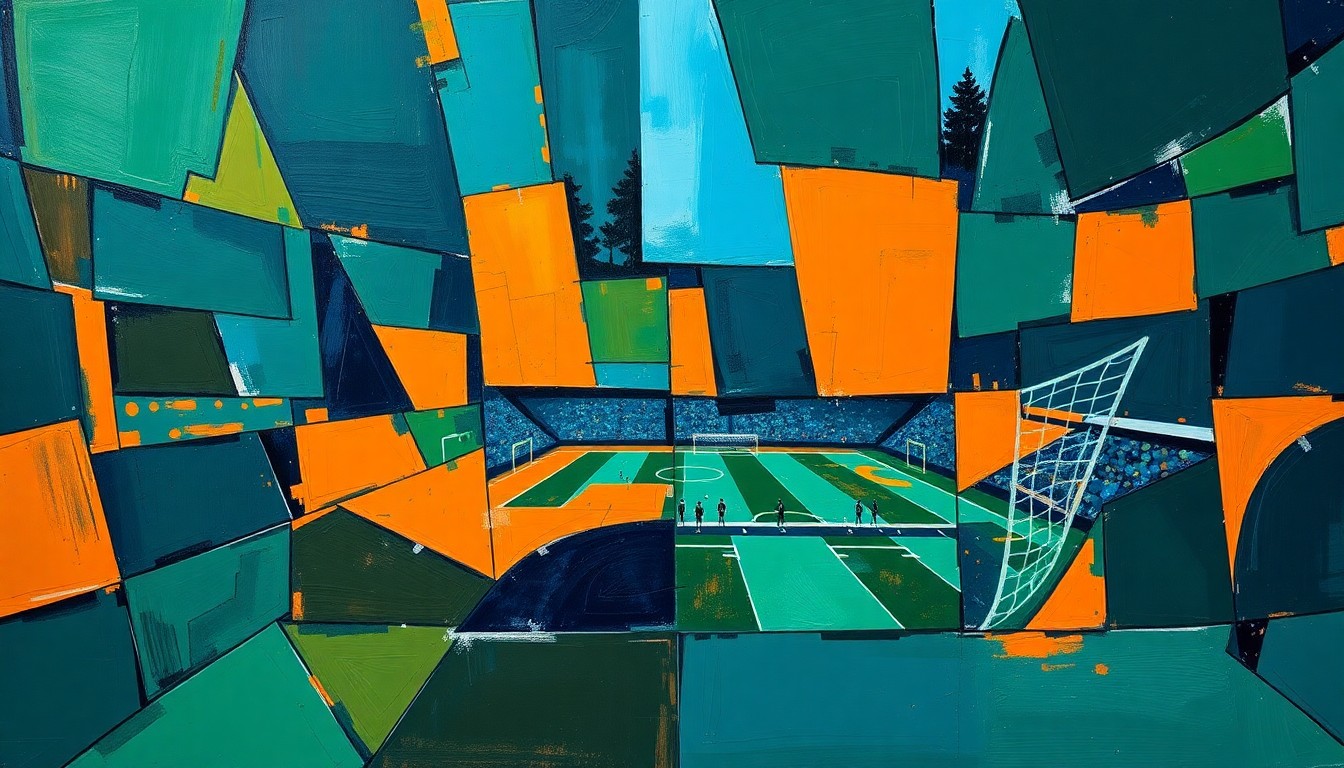 A cubist, fragmented painting depicting a football game or match, with sharp geometric shapes in shades of blue, green, and orange overlapping to create a dynamic, abstract composition.