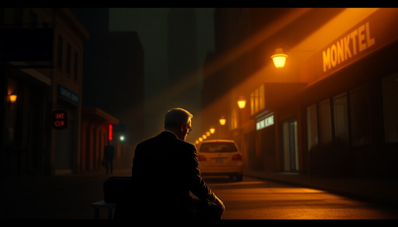 A solitary, brooding figure of a politician or government official sitting alone in a dimly lit, cinematic urban setting, bathed in warm, diagonal sunlight and deep shadows, conceptually representing the tension between political and religious spheres.