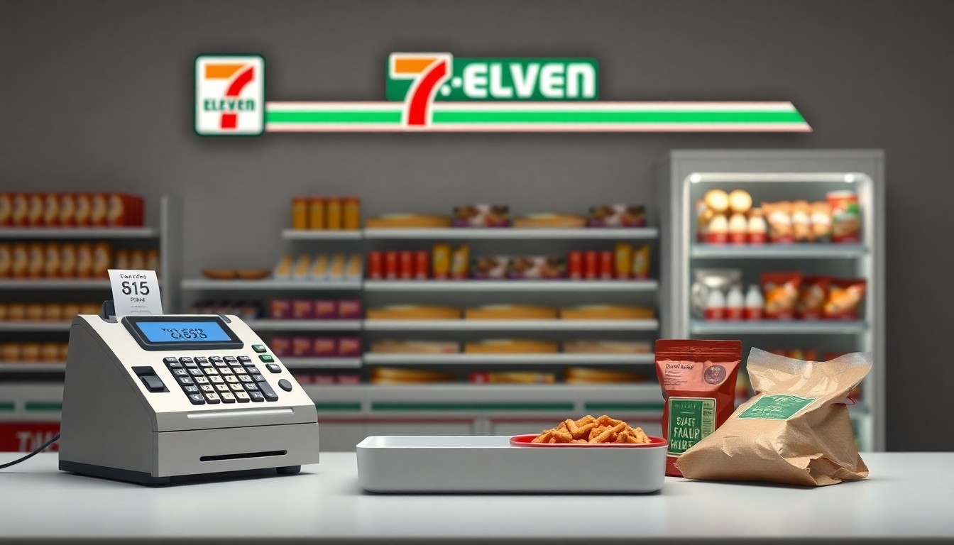 A high-end, photorealistic studio still-life photograph featuring a sleek cash register, a stylized convenience store shelf, and a few key ingredients for prepared meals, conceptually representing the business strategy and market forces behind 7-Eleven's store closures.