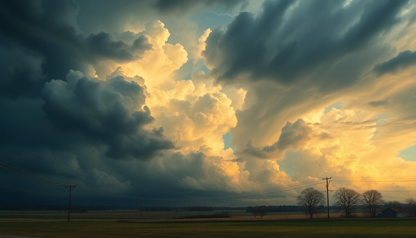A vast, atmospheric landscape painting depicting a stormy, cloud-filled sky over a rural Midwestern scene, with power lines and trees dwarfed by the immense, turbulent weather.