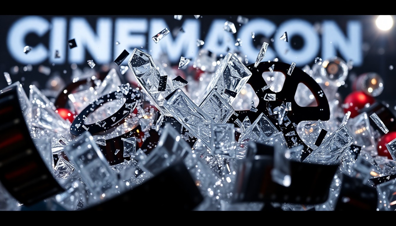 An abstract close-up image of shattered glass and glittering film reel fragments, captured in dramatic studio lighting to evoke the glamour and excitement of the movie industry.