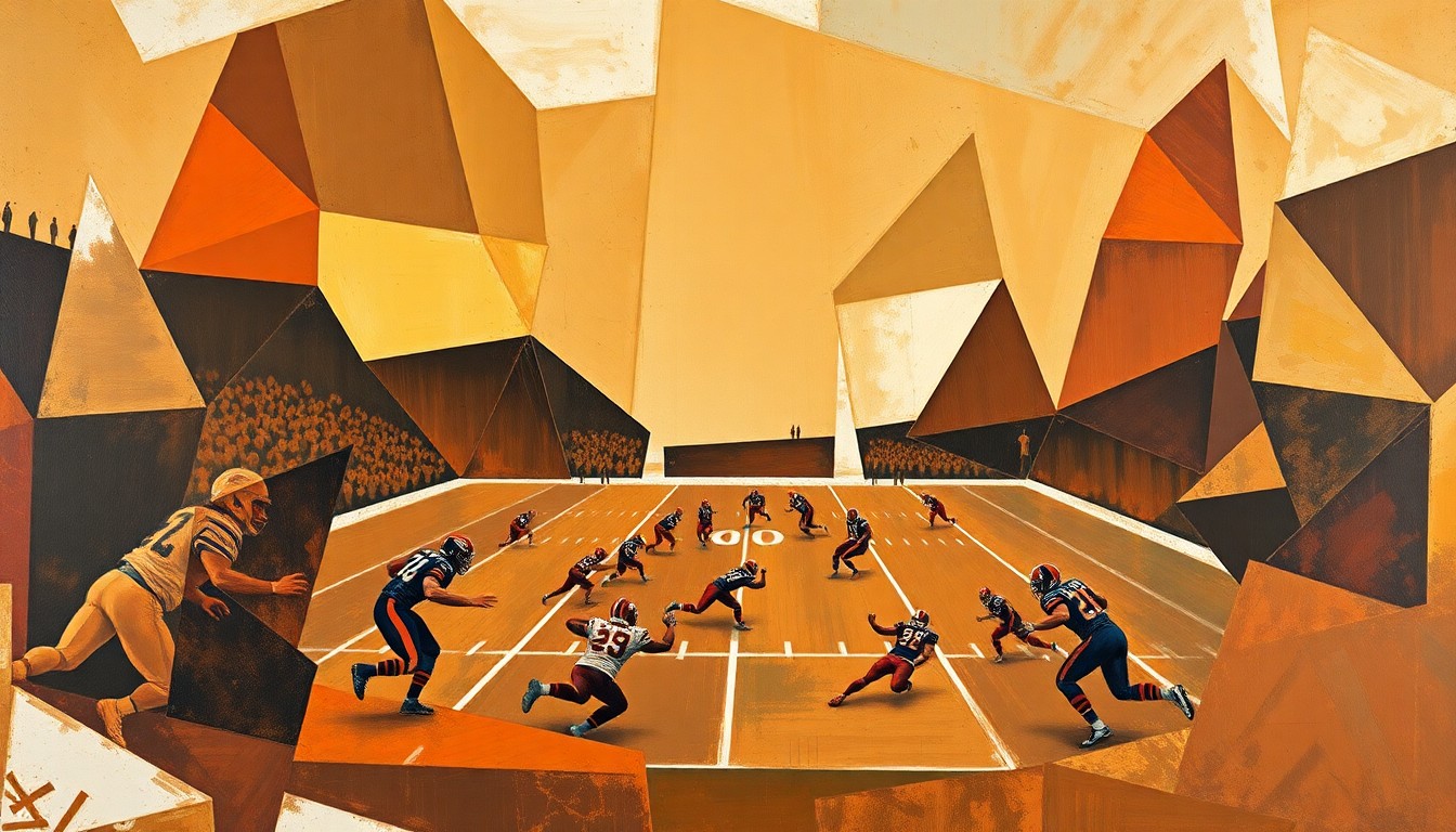 A fractured, cubist-style painting depicting a football game, with players and the field reduced to angular, overlapping geometric shapes in a palette of browns, oranges, and blues, conveying the complex decision-making process the Browns face with their high draft pick.