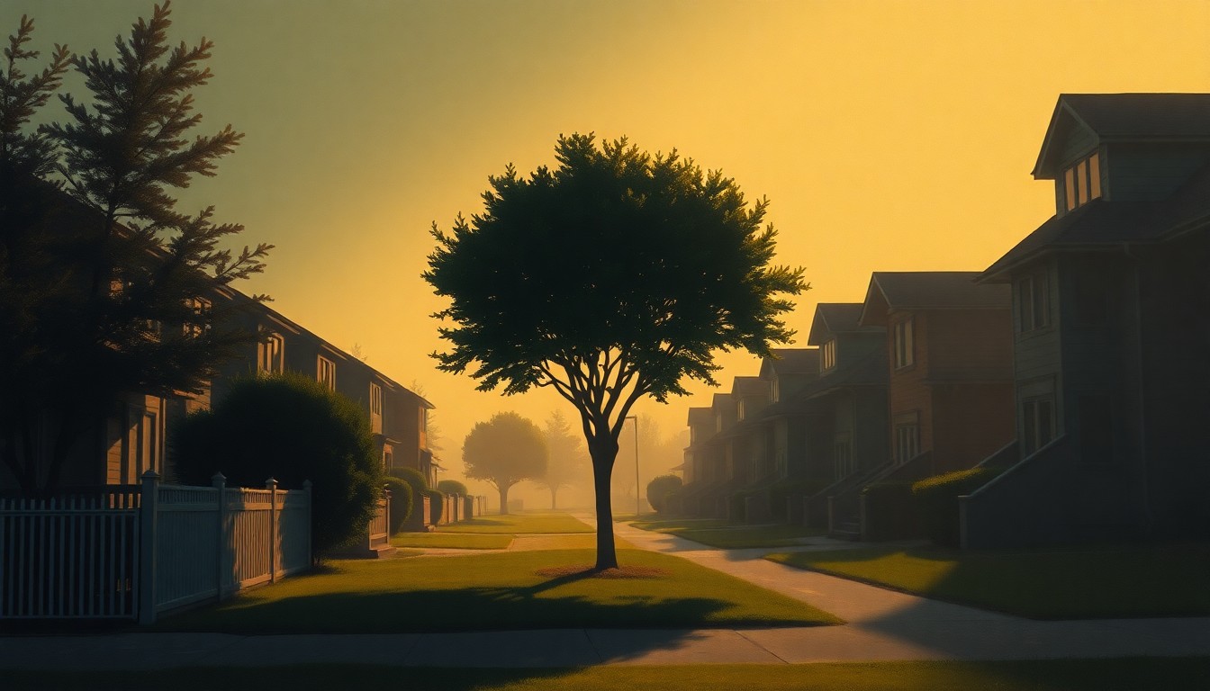 A serene oil painting depicting a lone tree or shrub in a residential neighborhood, with warm sunlight casting deep shadows across the scene, conceptually representing the tension between fire safety and preserving Pasadena's natural character.