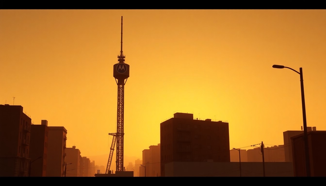 A cinematic painting of a lone Motorola radio tower standing in a quiet, desaturated urban setting, with warm diagonal sunlight and deep shadows enveloping the scene, conceptually illustrating the tension between Pasadena's purchasing decisions and its immigration policy.