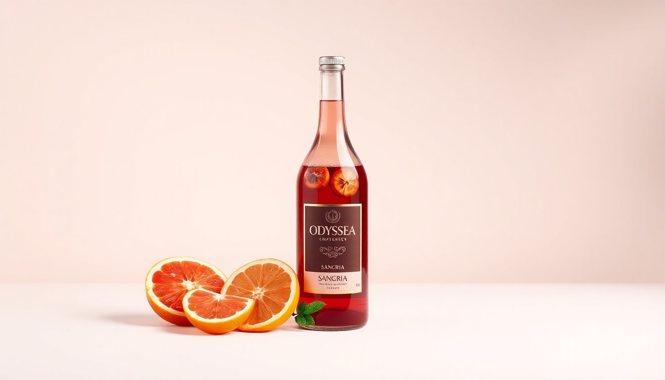 A high-end, photorealistic studio still-life photograph featuring an elegant glass bottle of red sangria, a few fresh citrus slices, and a sprig of mint on a clean, monochromatic seamless background, conceptually representing the premium quality and craftsmanship of the Odyssea Sangria brand.