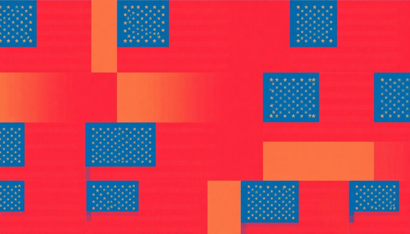 A bold, colorful silkscreen print featuring an American flag icon repeated in a grid pattern, conceptually representing the patriotic celebration of the United States' 250th anniversary in the local community.