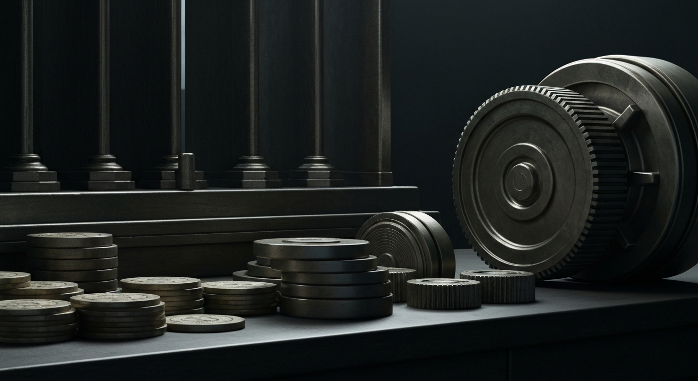 An extreme close-up of gears, levers, and other industrial machinery, conveying the heavy, physical nature of financial institutions and the complex mechanics underlying the private equity industry.