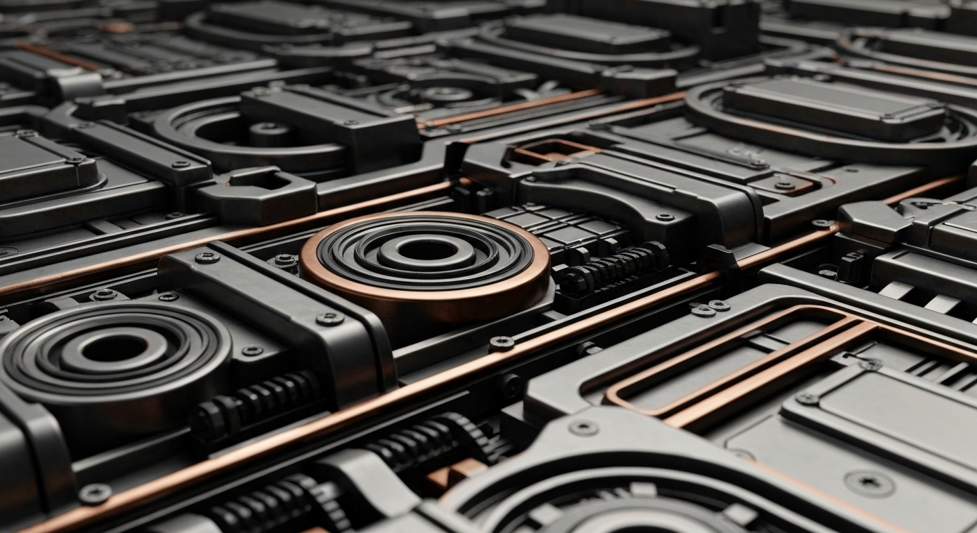 An extreme close-up of a complex array of gears, levers, and industrial components in shades of steel grey, copper, and black, conceptually representing the intricate financial infrastructure that powers the global economy.