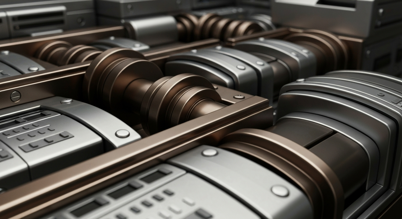 An extreme close-up of highly textured, industrial banking equipment and machinery in shades of steel, bronze, and chrome, conceptually representing the secure, institutional nature of financial services.