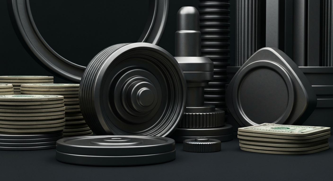 An extreme close-up of intricate, industrial-looking financial machinery and equipment, conveying a sense of power, security, and the complex inner workings of the banking and investment world.