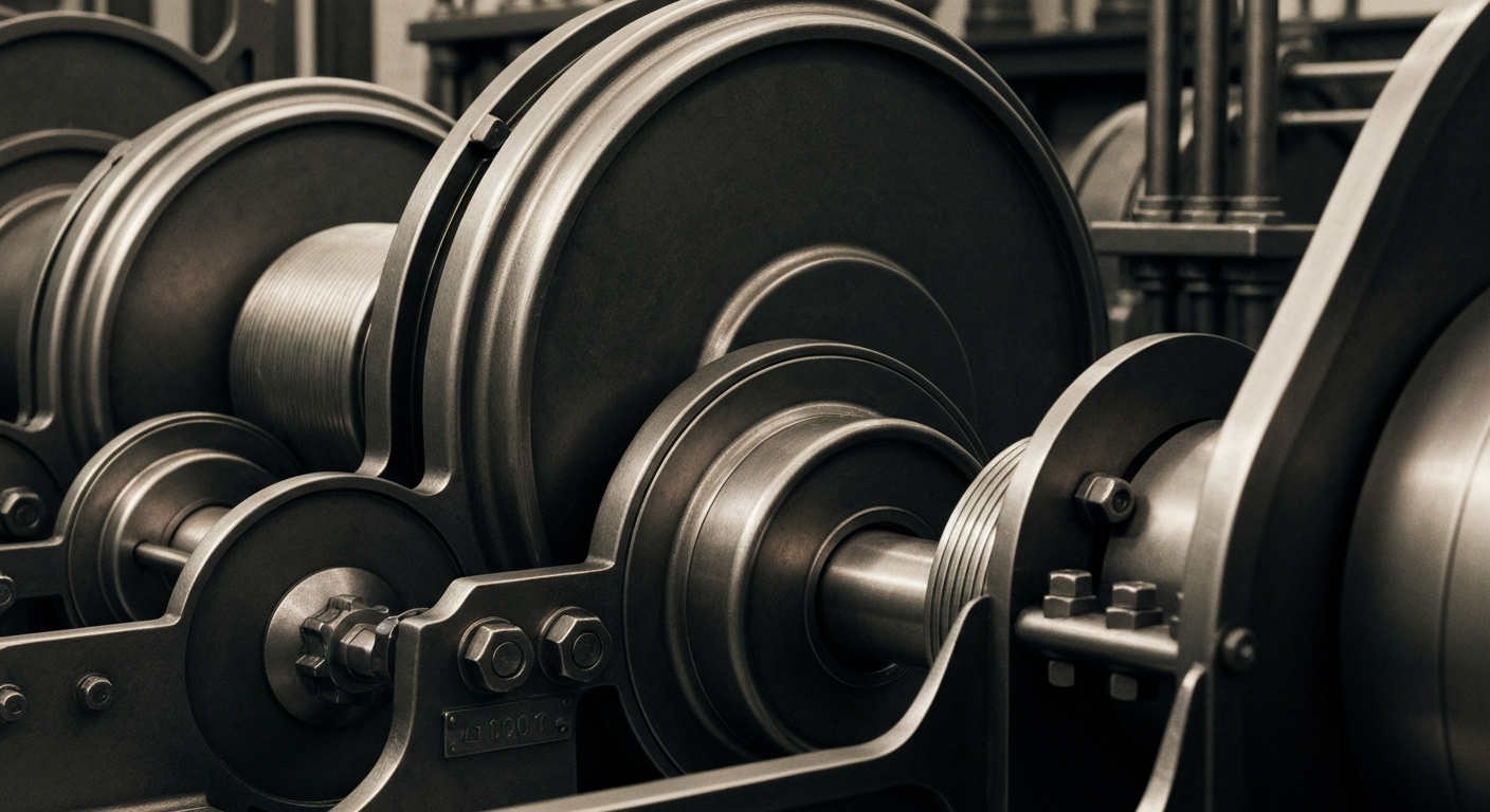 An extreme close-up of intricate, industrial banking machinery and equipment, conveying a sense of institutional power and financial security without using any literal currency or charts.