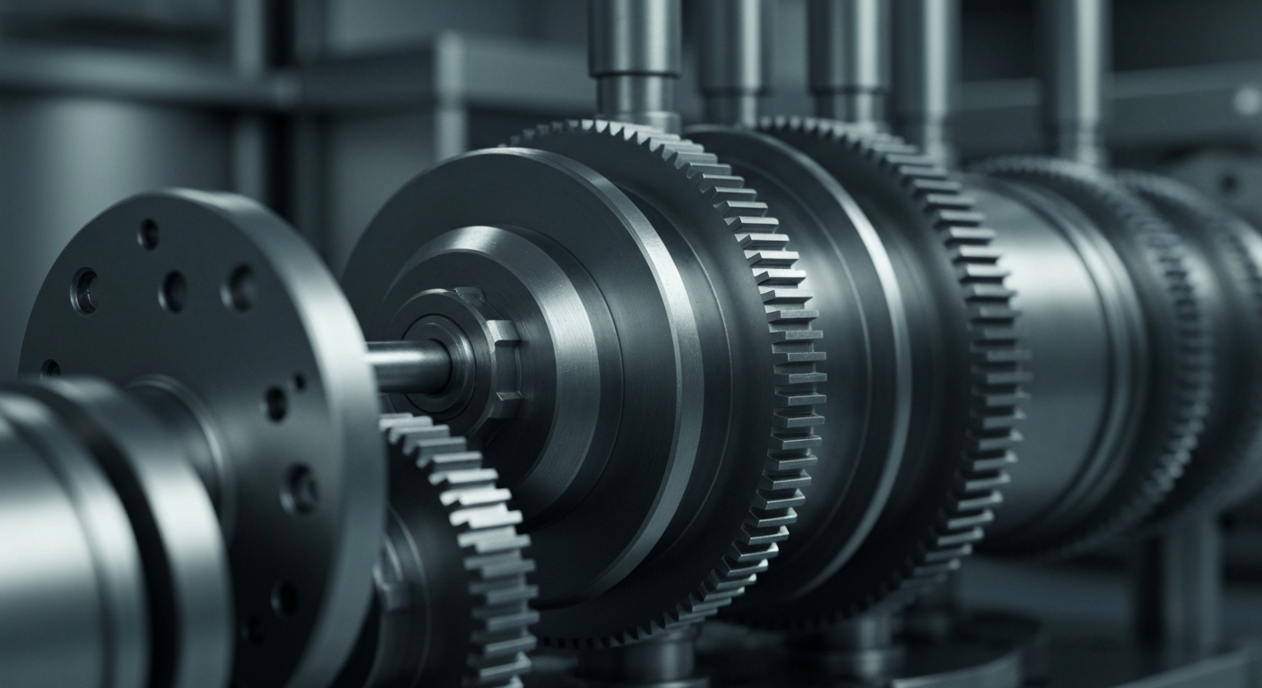 An extreme close-up of the complex, interlocking gears and components of a pharmaceutical manufacturing machine, conveying the technical sophistication and industrial might behind Johnson & Johnson's drug production.