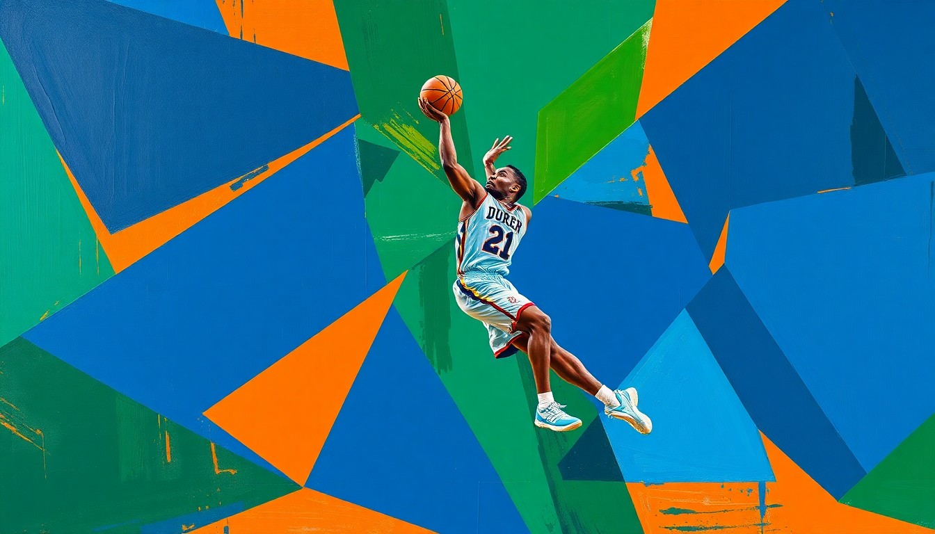 A fragmented, geometric painting depicting the dynamic movements and powerful presence of a basketball player, the subject's identity obscured into abstract shapes and planes of vibrant color.