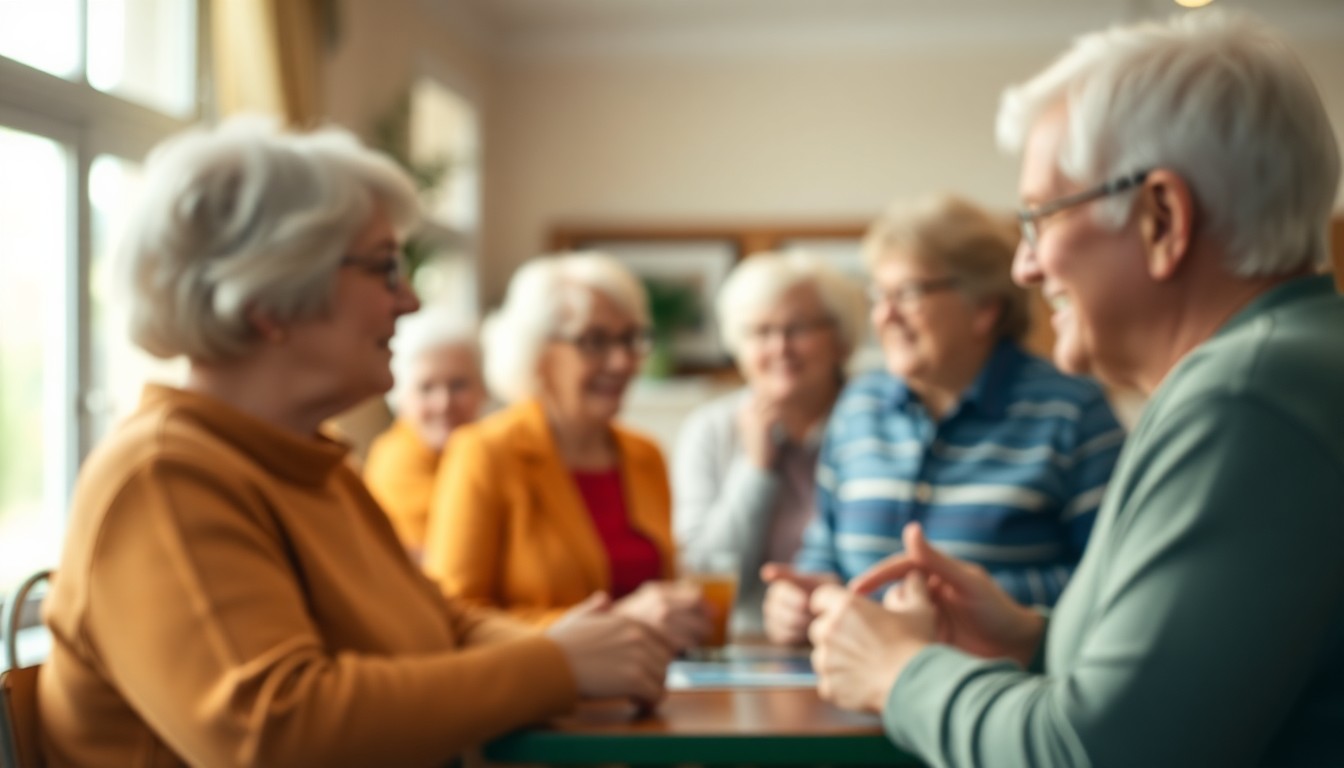 A hazy, impressionistic scene of senior adults engaged in various activities in a cozy, indoor setting, with soft, warm lighting and a sense of community and connection.