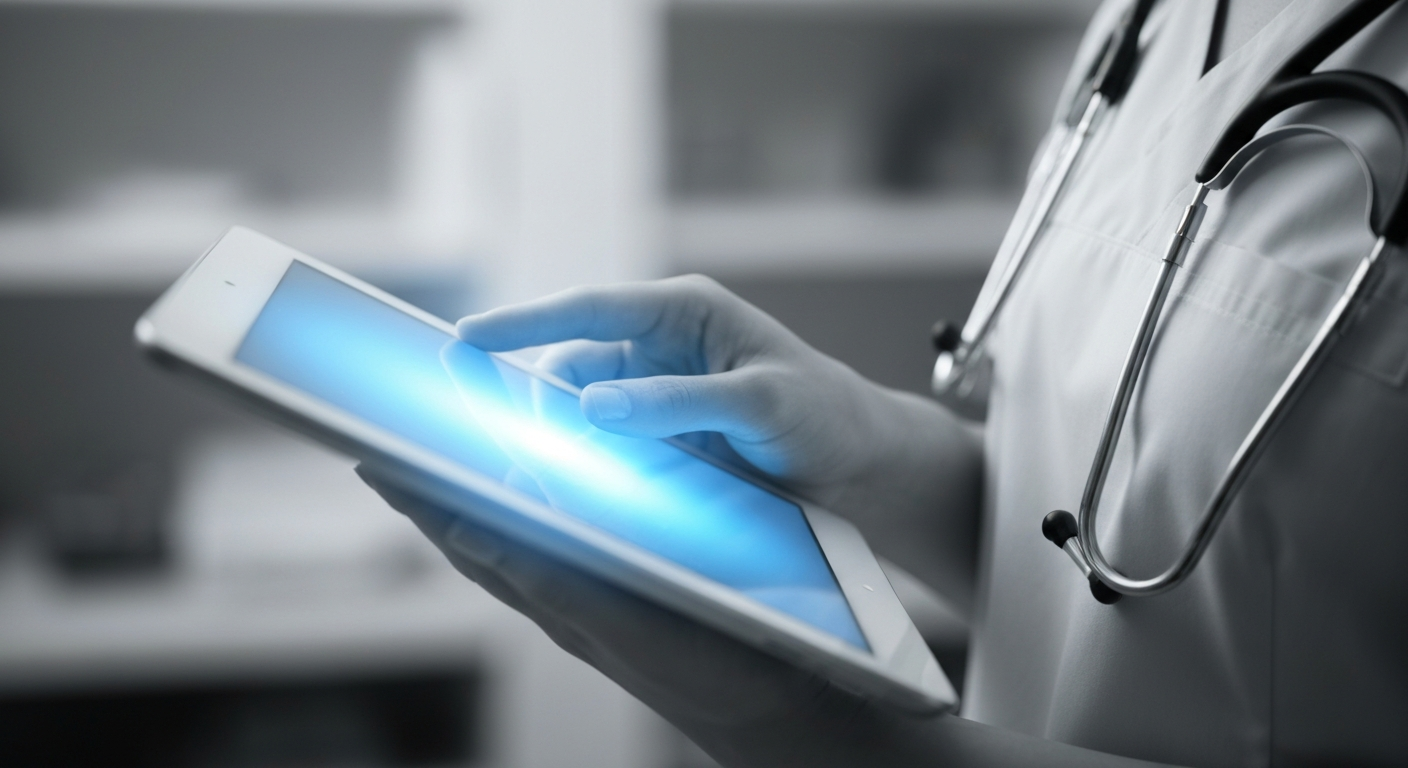 A translucent X-ray image revealing the internal structure of a nurse's hand holding a tablet, conceptually representing the collaboration between healthcare and online education to support career advancement.