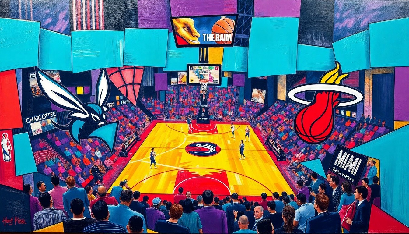 A fragmented, multi-angled painting depicting a basketball game, with sharp geometric shapes in the team colors of teal, purple, red, and yellow, conceptually representing the high-pressure intensity of the Hornets-Heat Play-In showdown.