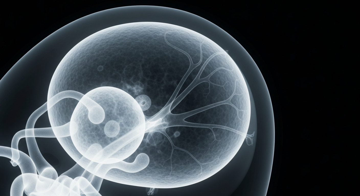 An ethereal, ghostly X-ray image revealing the delicate inner structures of a human embryo or fertilized egg, conveying the complex biological processes at the heart of fertility treatments.