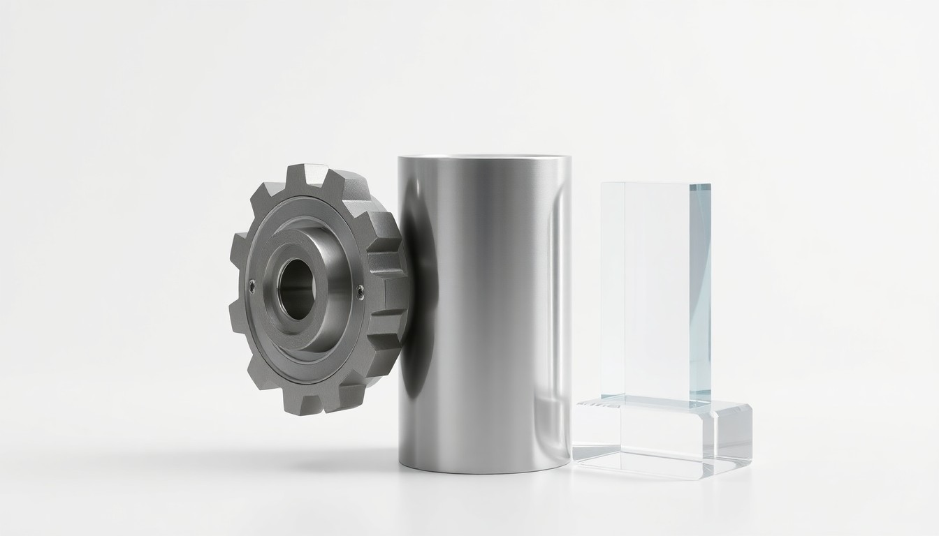 A photorealistic studio still life featuring polished metal, aluminum, and glass geometric shapes arranged elegantly on a clean white background, conceptually representing the abstract themes of industrial innovation, operational execution, and capital formation.