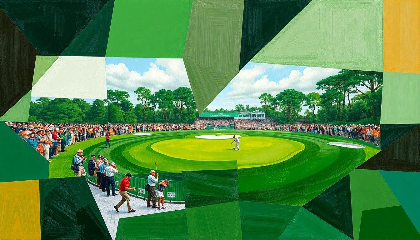 A fragmented, geometric painting depicting the complex, multi-angled dynamics of a high-stakes golf competition at Augusta National.
