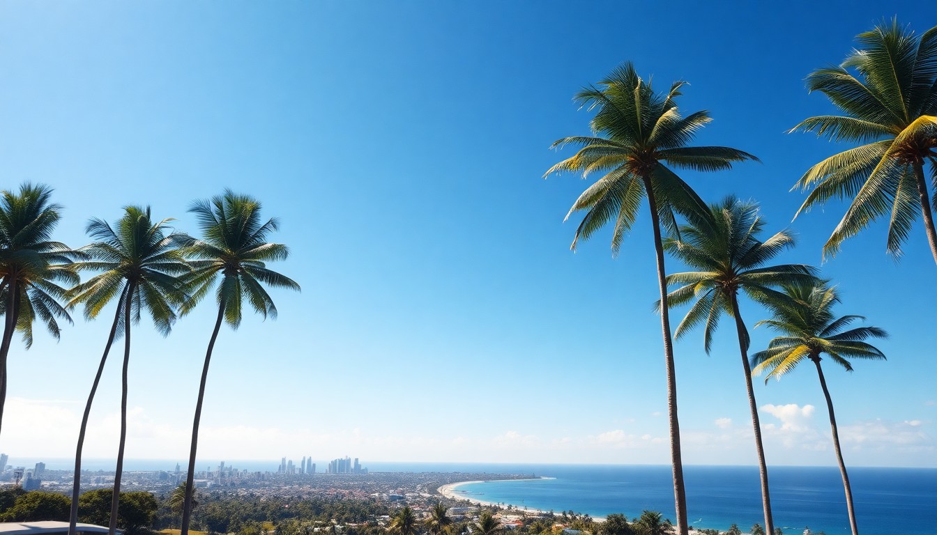 A serene, atmospheric landscape painting depicting the West Palm Beach coastline under a clear, sun-dappled sky, with the physical structures of the city dwarfed by the overwhelming presence of the natural environment.