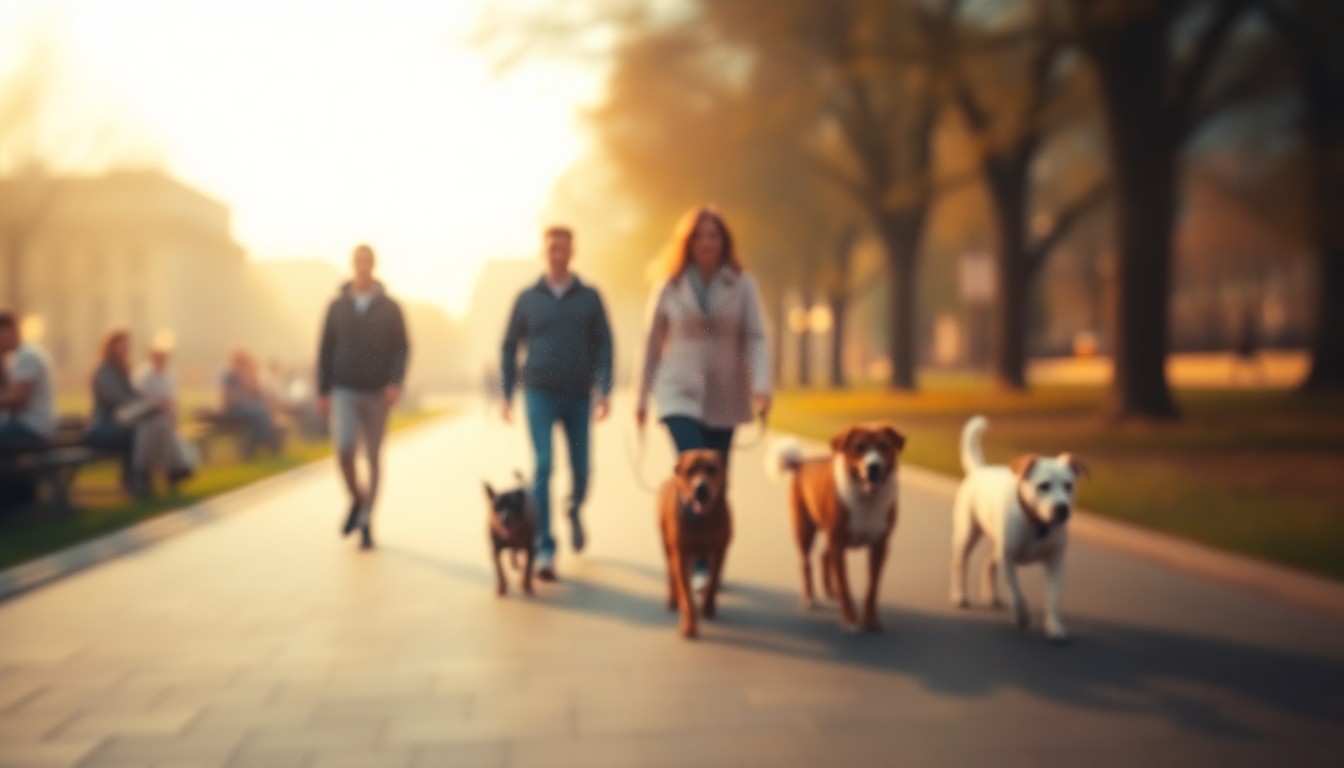 An impressionistic, out-of-focus photograph showing the blurred silhouettes of dogs and their owners walking together in a lush, green park setting, with soft, warm pools of light and color creating a dreamlike, atmospheric scene.
