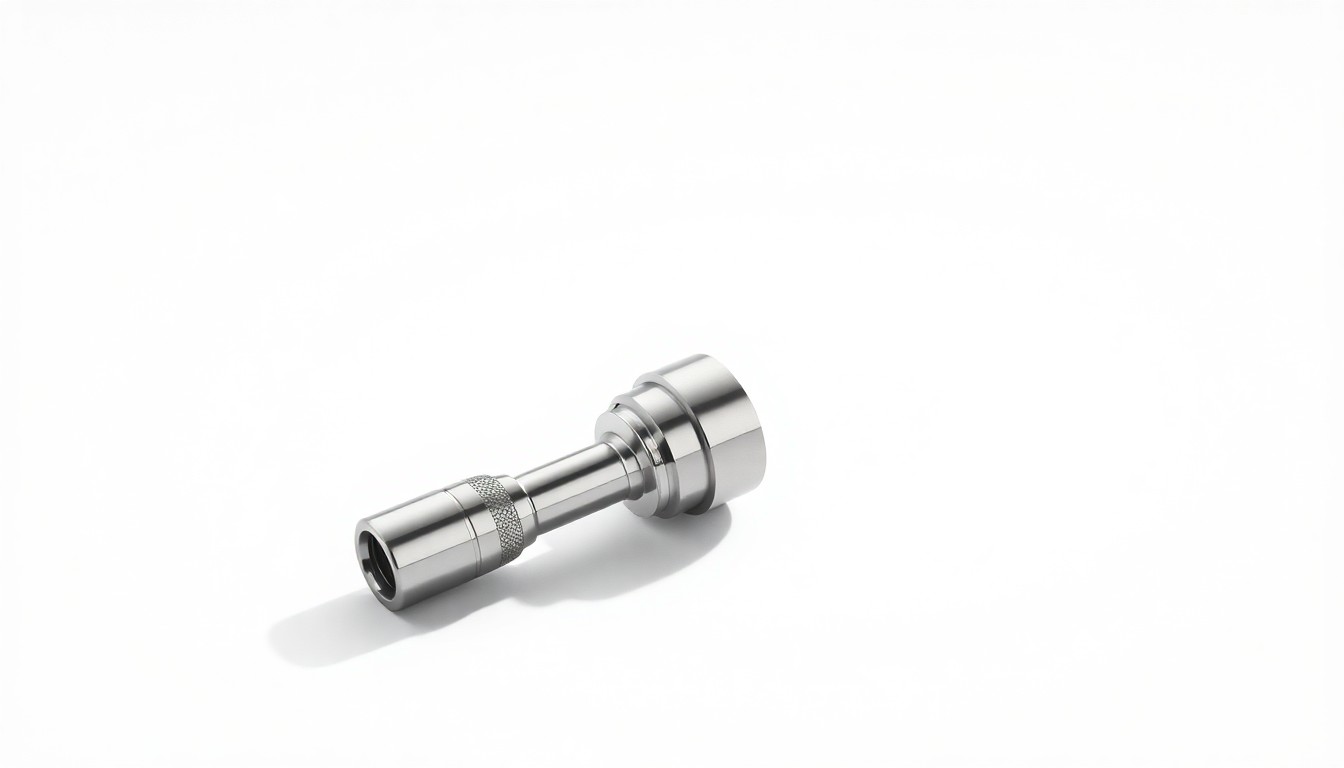 A photorealistic studio still-life photograph featuring a polished metal medical device component, such as a nerve connector or nerve protector, arranged elegantly on a clean, monochromatic background with dramatic lighting and shadows, conceptually representing the precision and innovation of Axogen's medical technology.