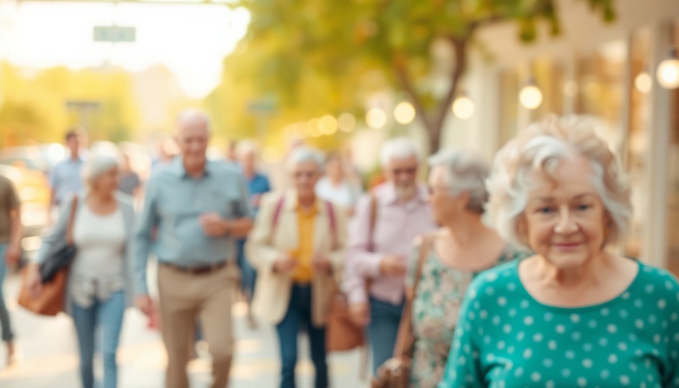An abstract, out-of-focus photograph in soft, warm tones depicting the silhouettes of older adults engaged in various lifestyle activities, conveying a sense of community, connection, and the vibrant energy of an age-friendly environment.