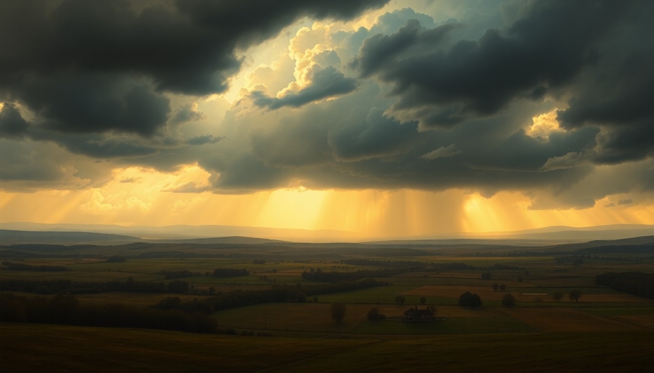 A sweeping, atmospheric landscape painting in muted tones of grey, blue, and gold, depicting a dramatic, stormy sky with heavy clouds and rays of sunlight breaking through, casting a dramatic glow over a serene, rural setting in the distance.