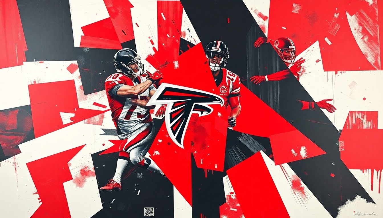A cubist, geometric painting depicting a fractured, multi-angle view of a football quarterback dropping back to pass, with the dominant colors being the red, black, and white of the Atlanta Falcons' team colors.