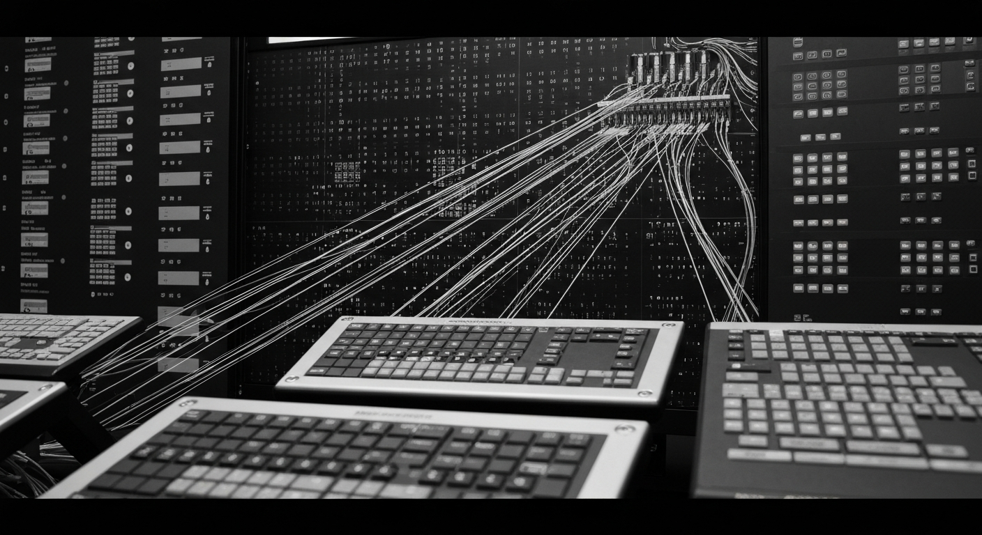 A highly detailed, black-and-white close-up image of various gears, levers, and other industrial components, representing the complex infrastructure and security of the financial services industry.
