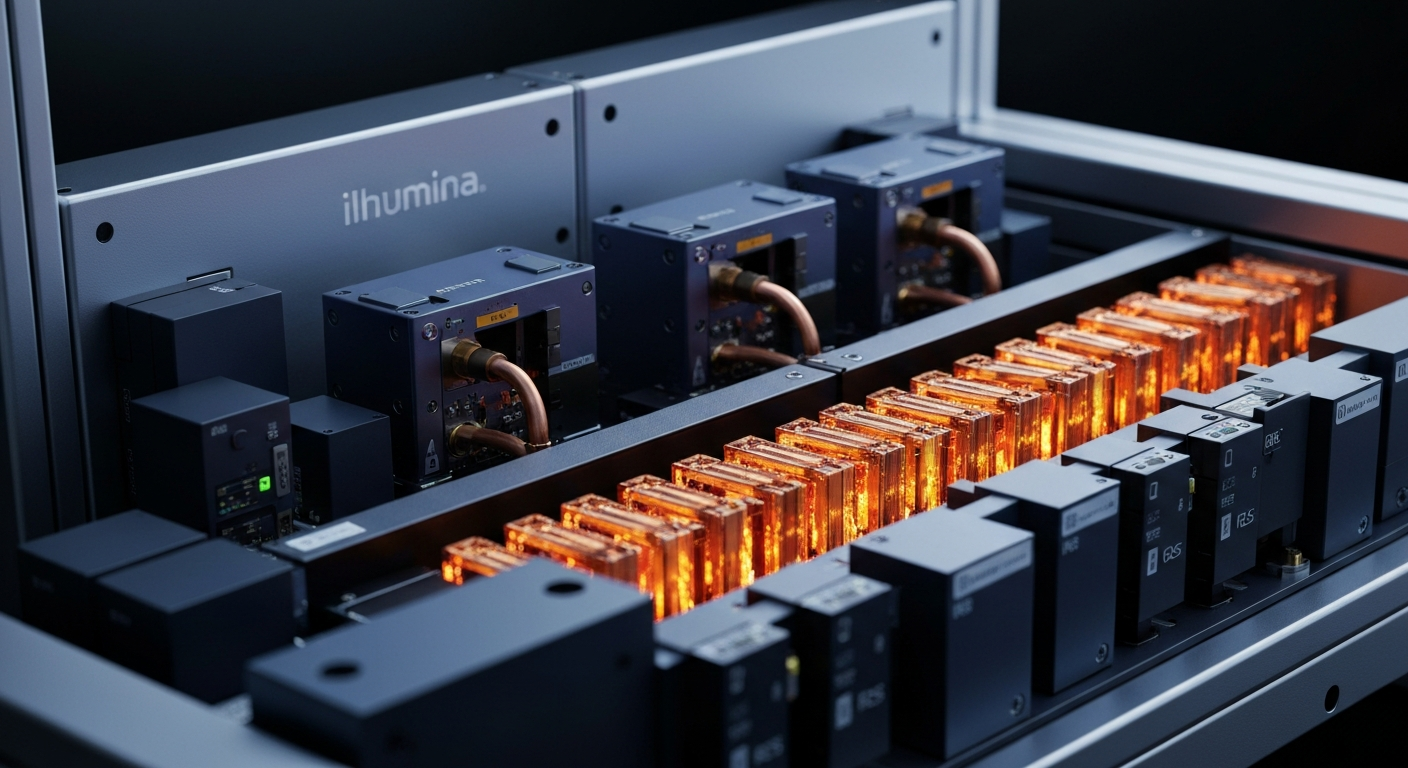 An extreme close-up of complex, highly engineered mechanical and electronic components in shades of silver, black, and blue, conveying the advanced nature of Illumina's DNA sequencing systems.