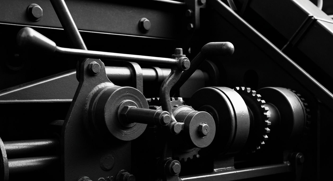 A high-contrast black and white close-up image of the gears, levers, and metal components of an industrial agricultural machine, conveying a sense of power, precision, and the tangible physicality of Deere's manufacturing capabilities.