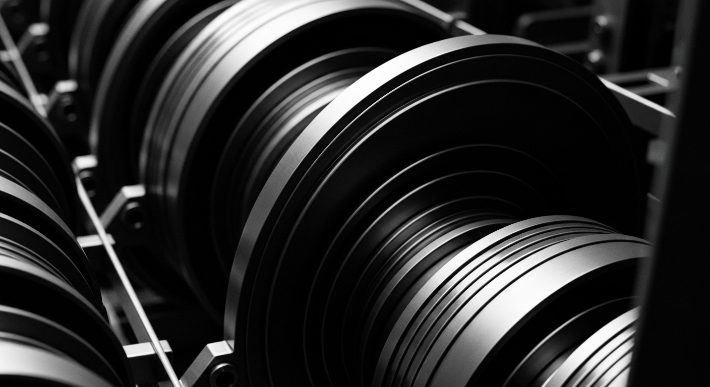 A dramatic, high-contrast black-and-white close-up image of the inner workings and machinery of a modern financial institution, conveying a sense of power, security, and the complex infrastructure underlying the financial system.