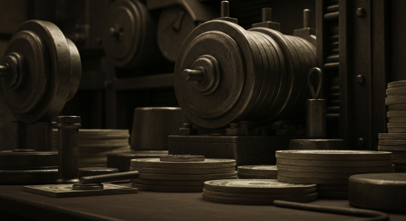 An extreme close-up of gears, levers, and other heavy industrial machinery, conceptually representing the institutional nature of financial investments without using literal money or currency.