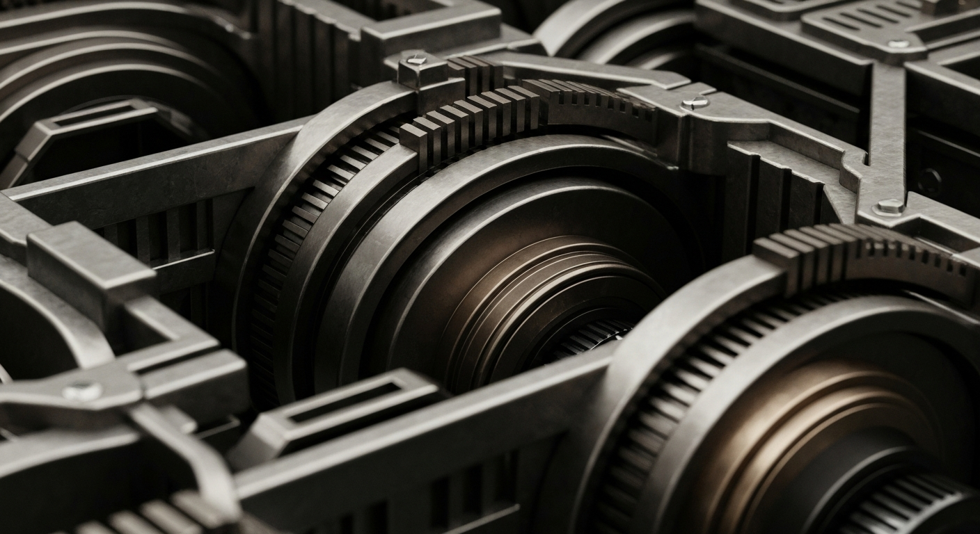 An extreme close-up of various gears, levers, and mechanisms in a dark, industrial setting, conceptually representing the secure infrastructure and institutional power of the financial industry.